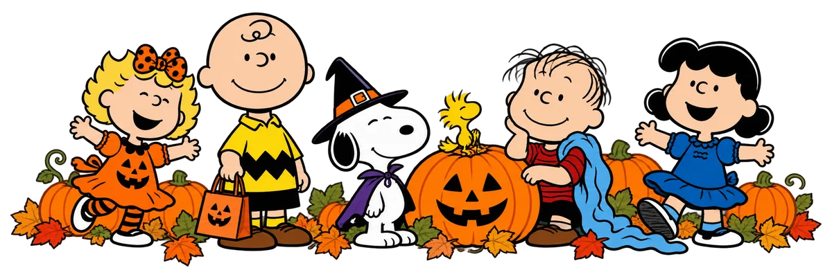 Charlie Brown, Sally, Snoopy, Woodstock, Linus and Lucy celebrate Halloween among pumpkins and autumn leaves